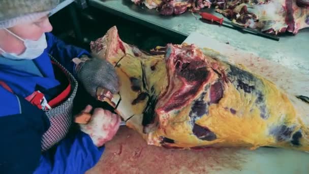 Eine Mitarbeiterin Schnitzt Ein Großes Stück Fleisch Mit Knochen — Stockvideo