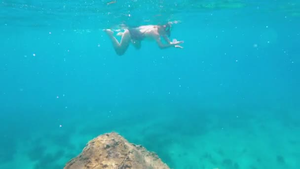 Girl Engaging Snorkeling Swimming Water Woman Swimming Suit Freediving Depth — Stock Video
