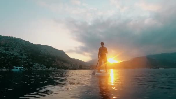Silhouette Donna Acqua Sup Board Paddle Boarding Rallentatore — Video Stock