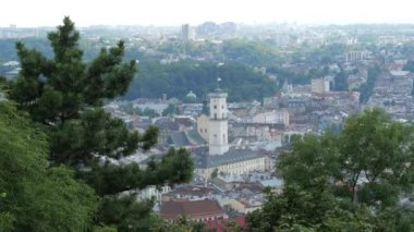Çam ağaçları tarafından çerçevelenmiş Lviv şehrinin panoramik manzarası. Ukrayna. İkonik saat kulesi, Ukrayna bayrağı görülebilen tarihi ve modern binaların bir karışımı arasında göze çarpıyor. Sakin atmosfer. 