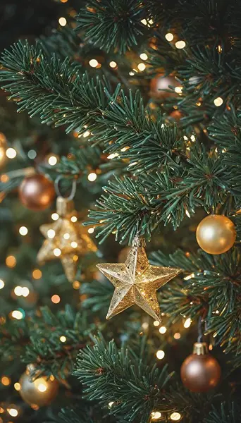 Güzel dekore edilmiş bir Noel ağacına yakın çekim. Işıl ışıl ışık ve süsler ve yemyeşil dallar. Sıcak ve şenlikli bir tatil atmosferi yaratıyor..