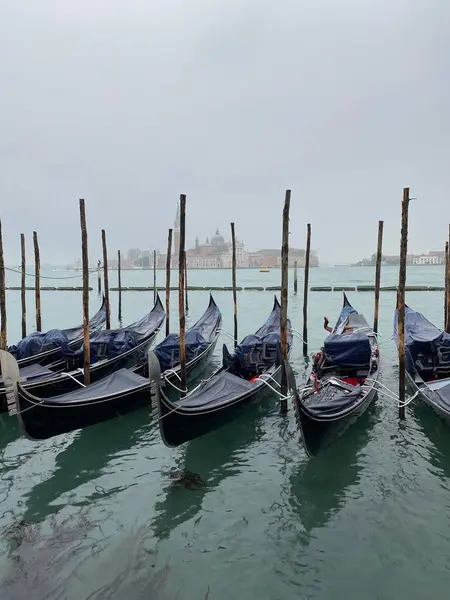 Büyük Kanal 'da San Marco' ya demirlemiş Gondol botları yağmurun altında. Venedik, İtalya.