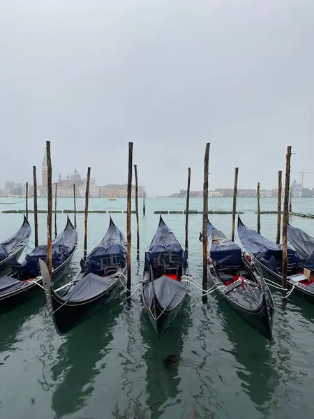 Büyük Kanal 'da San Marco' ya demirlemiş Gondol botları yağmurun altında. Venedik, İtalya.