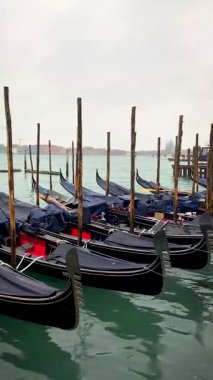 Gondol tekneleri San Marco 'daki Büyük Kanal' da demirlemiş, San Giorgio di Maggiore kilisesinde arka planda. Venedik, İtalya.