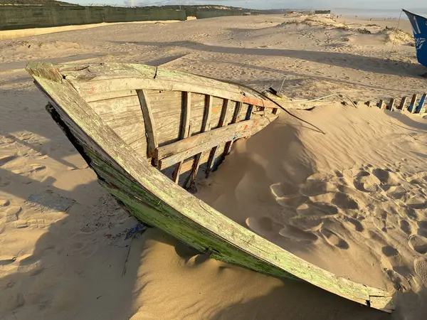 Eski terk edilmiş ahşap bir tekne, kısmen kumsalda gömülü. Soluk yeşil boya soyuluyor, çatlamış ahşabı ortaya çıkarıyor. Güneş ışığı kumun dokusunu vurgular, enkaz parçalarını..