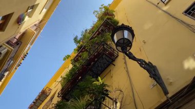 Valencia, İspanya 'nın eski kasabasından büyüleyici sokak manzaraları. Kamera, yemyeşil balkonları ve geleneksel demir lambaları olan büyüleyici sarı binaların önünden geçiyor. Valencia 'nın tarihi sokakları.