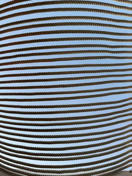 Halat gölgelik yapısı. Metal çerçeveye uzanan paralel halat hatları ile berrak mavi gökyüzüne uzanan modern bir güneş gölgesi yapısının perspektifi. Kafe terasında ya da açık alanda gölgelendirme. 