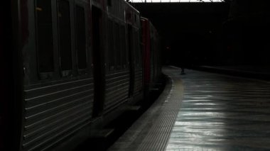 Tren loş bir karanlık istasyonda, platformun yanında duruyor. Tren boyunca yürüyen insan siluetleri. Arka planda iki karanlık tünel.. 