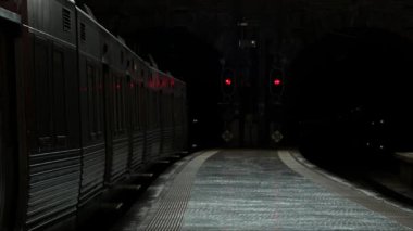 Tren loş bir karanlık istasyonda, platformun yanında duruyor. Tren boyunca yürüyen insan siluetleri. Arka planda iki karanlık tünel.. 