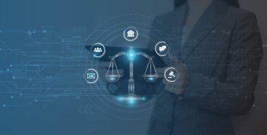 İnternet hukuku kavramı. Sayısal hukuki hizmetler olarak Siber Hukuk Çalışma Kanunu, Avukat, Koyu Mavi arka plan bulanıklığı.