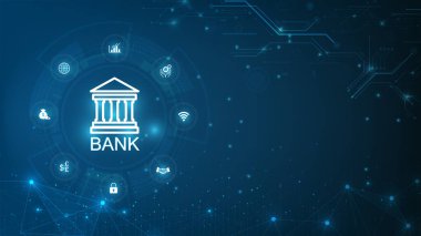 A blue digital technology background with a white building and a logo for the bank. clipart