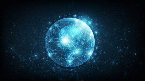Лампочка внутри Земли. Абстрактное западное полушарие в синем. Цифровой глобус в круге, линии и прозрачные формы на темно-синем фоне. 