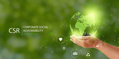 Dünya küresi ikonu CSR tasarımı. Kurumsal sosyal sorumluluk ve topluma yeşil bir arkaplan üzerinden geri verme. Modern iş konsepti..