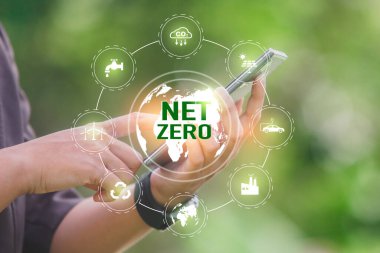 Ağ Sıfır ve Karbon Nötr Kavramları Ağ Sıfır Emisyon Hedefleri Altıgen ızgaralı ağ Sıfır ile bağlantılı bir simge konsepti ile.