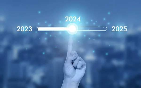 Hand Touching Download Bar Status Change 2023 2025 Countdown Merry — Stock Photo, Image