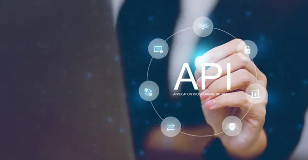 API - Uygulama Programı Arayüzü. Sanal ekranda yazılım geliştirme kavramı.