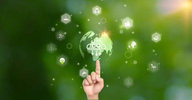 CO2 emisyon azaltma kavramı. Dünya ikonu, çevresel ikonlar, sürdürülebilir kalkınma için fikirler ve yenilenebilir enerjiye dayalı yeşil iş. Enerji tasarrufu, Sürdürülebilir Gelişme.