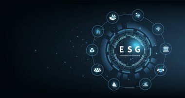 Mavi arkaplandaki ağ bağlantılı vektör illüstrasyonunda sürdürülebilir iş. ESG simge konsepti. Çevre, Sosyal ve Kurumsal Hükümet.