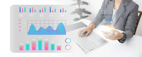 İşadamı, performansı analiz etmek ve operasyon yönetimi için içgörü raporları hazırlamak için iş analitik panelini grafikler, ölçümler ve KPI ile birlikte gösteren bir dizüstü bilgisayar üzerinde çalışıyor. Veri analizi kavramı.
