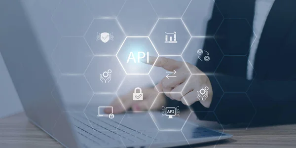 Application Programming Interface (API) on blue background. Software development tool, information technology, modern technology, internet.