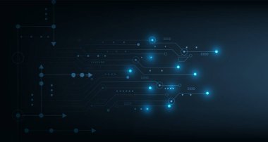 Koyu mavi arka planda devre kartı teknolojisi. Koyu mavi arka plan üzerinde vektör soyut teknoloji illüstrasyon devre kartı. Yüksek teknoloji devre kartı bağlantı sistemi kavramı.