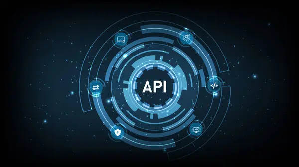 Application Programming Interface (API). Software development tools, information technology, modern technology, internet, and networking concepts on a dark blue background.