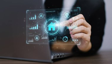 Real estate investment concept. woman touch virtual house icon for analyzing mortgage loan home and insurance real property mortgage. interest rate, Investment planning, business real estate.