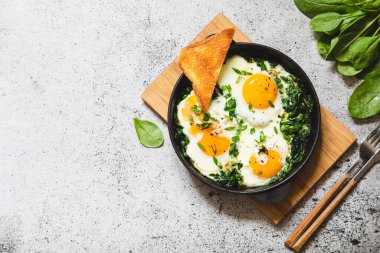 Dökme demir tavada yeşil Shakshuka. Ispanaklı yumurta ve kızarmış tost. sağlıklı besleyici kahvaltı,