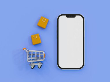 Çevrimiçi alışveriş temalı 3D minimal model. Alışveriş arabası ve içi boş akıllı telefon modeliyle dolu bir alışveriş çantası. 3d resimleme.