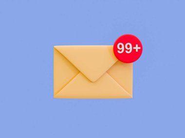 3d okunmamış mesajlar hatırlatıcısı. mektup bildirimi. 99 + okunmamış ileti bildirimi içeren zarf. 3d illüstrasyon.