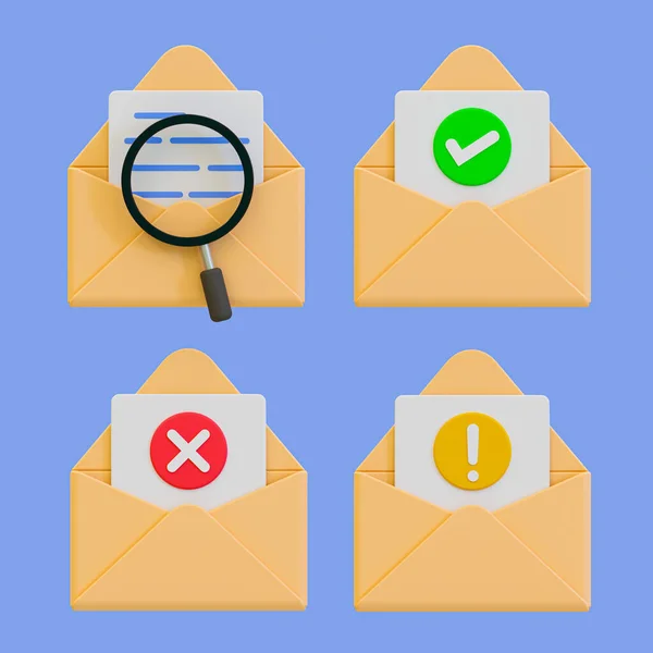 3d minimal envelope status icon. mail status. letter with examinating, approved, rejected, warning state. 3d illustration.