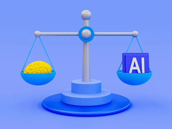3d minimal comparison between brain and ai. brain sign and ai sign on a seesaw. 3d rendering illustration.