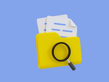 3D minimal belge analizi. belge güvenlik konsepti. Dosya incelemesi. Güvenlik için iş dosyalarına bakıyorum. Büyüteci olan belgeler. 3d resimleme.