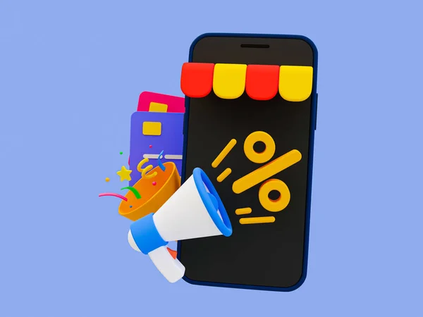3d minimal special discount concept. Marketing strategy. Customer attraction strategy. Best price offer. smartphone with credit cards, a megaphone, and a percent icon. 3d illustration.