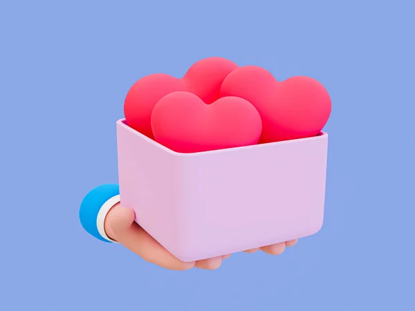 3d minimal symbol of love. Happy Valentine\'s day. valentine compositions. cartoon hand holding a box full of hearts. 3d illustration.