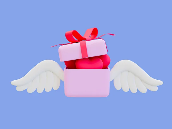 3d minimal symbol of love. Happy Valentine\'s day. valentine compositions. cartoon winged giftbox full of hearts. 3d illustration.