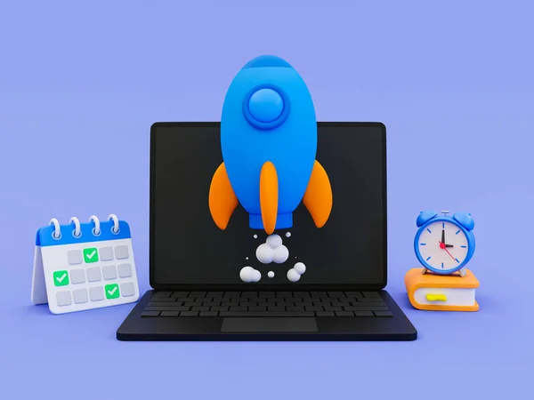 3d minimal Rocket launch. business start-up concept. mission started. laptop with a rocket launching, calendar, books, and alarm clock. 3d rendering illustration.