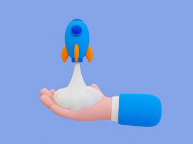 3d minimal Rocket launch. starting a new business concept. startup concept. rocket taking off from cartoon hand. 3d rendering illustration.
