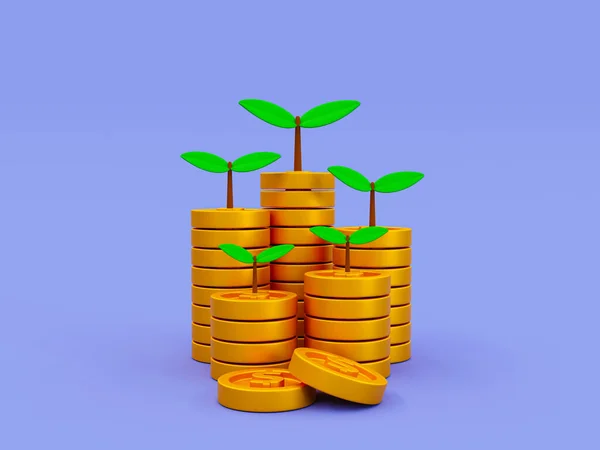 3d minimal financial growth concept. business growth. a pile of coins with a small tree growing. 3d rendering illustration.