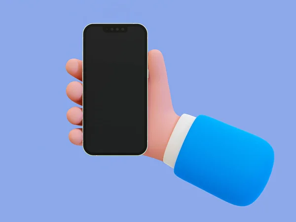 3d minimal smartphone mockup. cartoon hand holding a blank screen mobile phone.empty screen cellphone template. 3d rendering illustration.