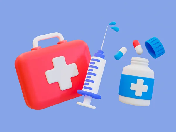 3d minimal medical composition. healthcare concept. first aid box with a syringe, medicine bottle, and capsules. 3d illustration.