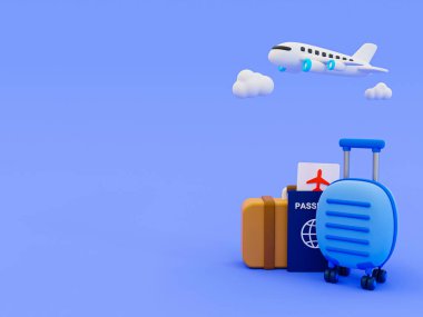 3d minimal Holiday travel trip. preparation for a summer vacation trip. Luggage with a passport, airplane ticket, luggage, and airplane. 3d illustration.