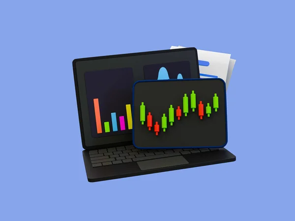 3d minimal trading charts. Stock market forecasting. Stock market analysis. Marketing strategy. Stock market candle with a laptop with statistic graph. 3d illustration.