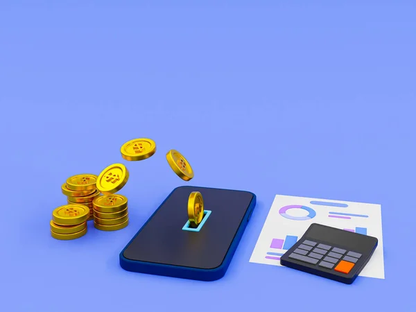 3d minimal online money-making concept. Turning digital money into real money. Money management concept. The money flows out of smartphone. 3d rendering illustration.