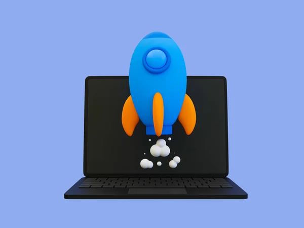 3d minimal Rocket launch. business start-up concept. mission started. laptop with a  rocket launching. 3d rendering illustration.