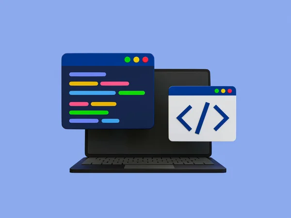 3d minimal programming icon. coding screen. web development concept. Laptop with a coding screen and a coding icon. 3d illustration.