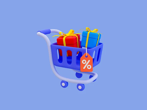 3d minimal special discount concept. Marketing strategy. Customer attraction strategy. Best price offer. Shopping cart with gift boxes and discount tag. 3d illustration.