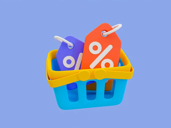 3d minimal special discount concept. Marketing strategy. Customer attraction strategy. Best price offer. Shopping basket with discount tags. 3d illustration.