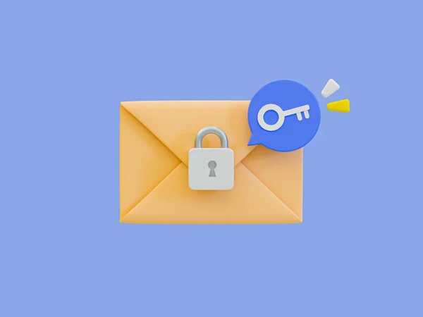 3d minimal privacy protection concept. Safety access. Personal data security. Mail icon with a padlock and key icon. 3d illustration.