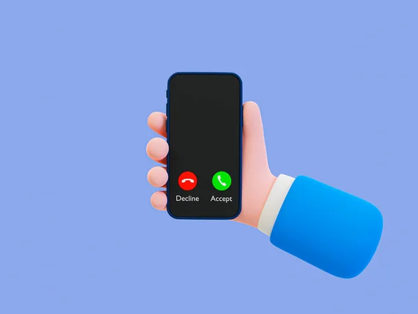 3d minimal incoming call. blank incoming call screen mockup. outgoing call template. hand holding a smartphone with an incoming call. 3d rendering illustration.